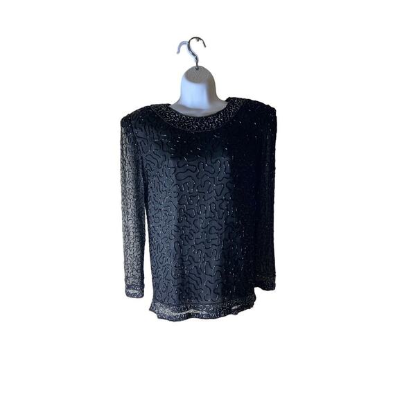 Sweelo Vintage 100% Natural Silk Black Iridescent Beaded Blouse Size Small - Picture 1 of 14